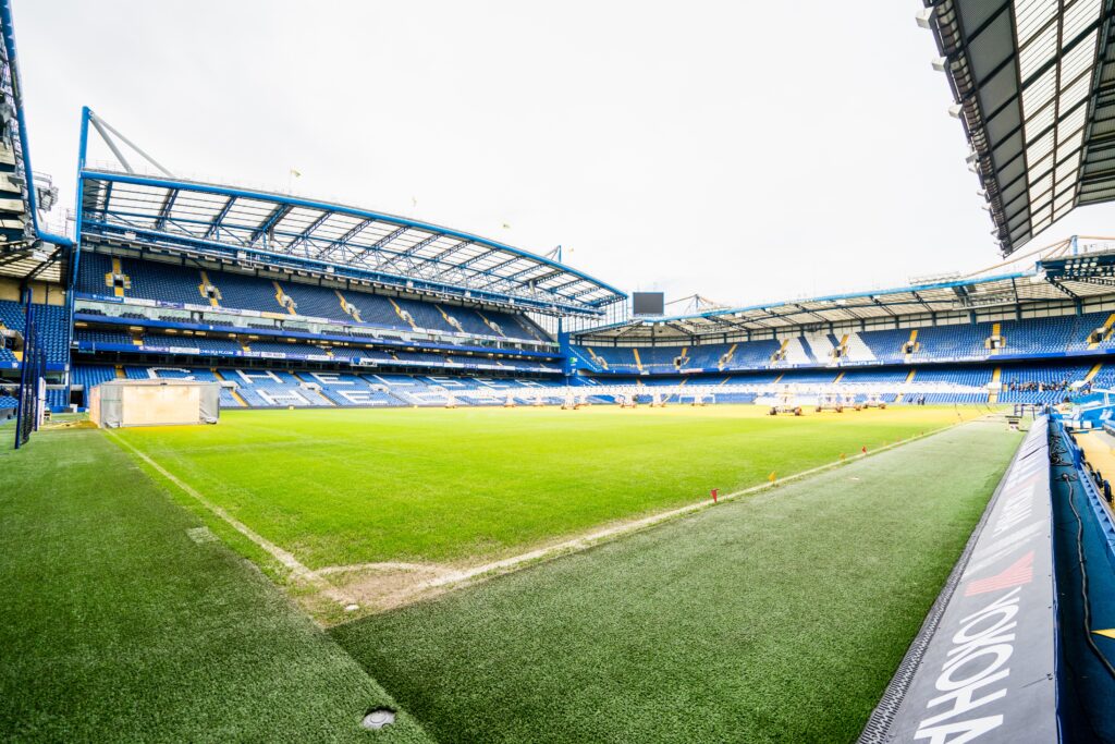 View of the pitch at Stamford Bridge stadium.