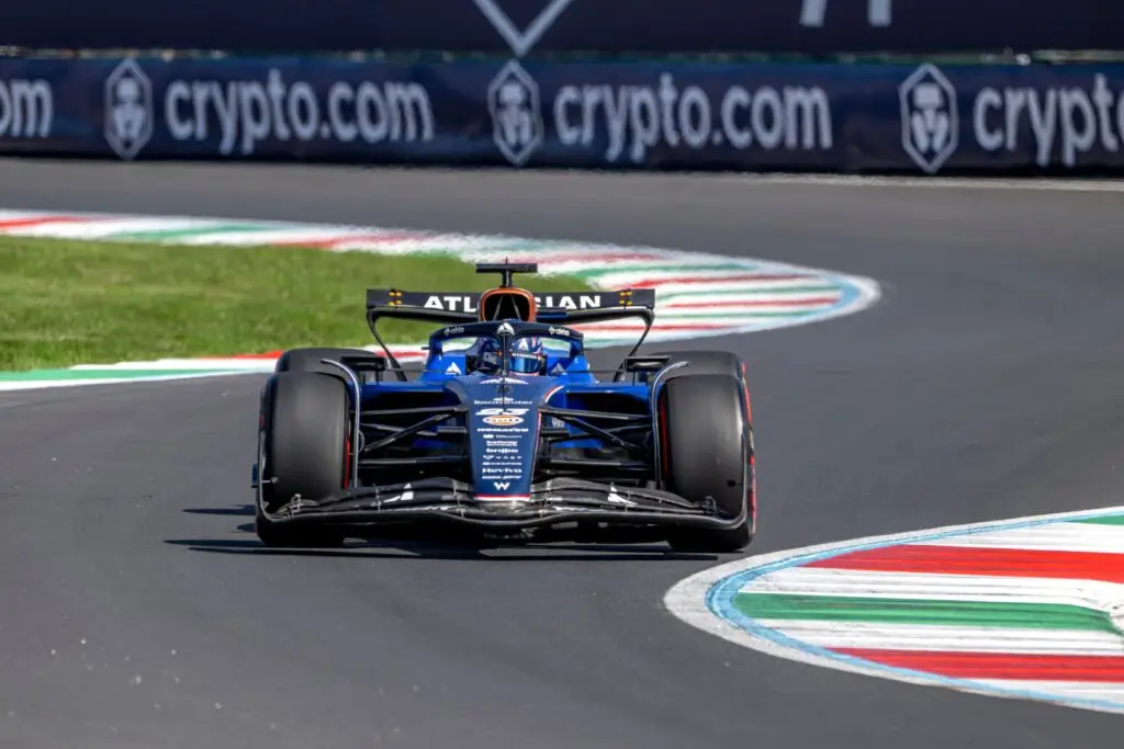 Williams Formula 1 car navigating a corner at Monza.