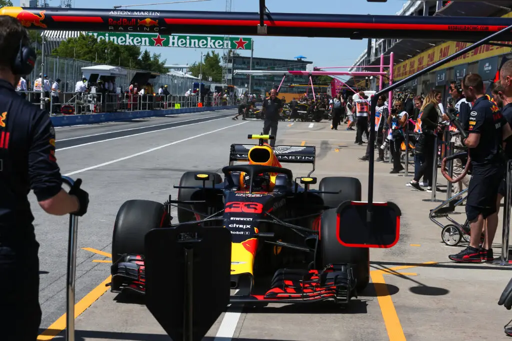 1. Red Bull Formula 1 car in the pit lane at the Canadian Grand Prix.