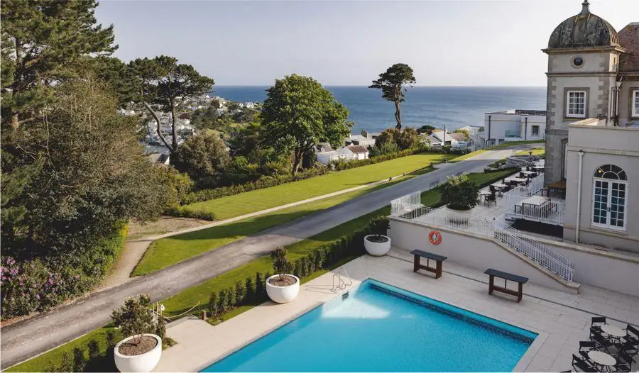 Scenic view from Fowey Hall, with the sea in the distance