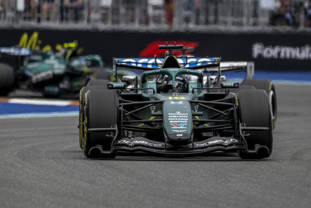 Front view of a Mercedes Formula 1 car on track at the Miami Grand Prix.