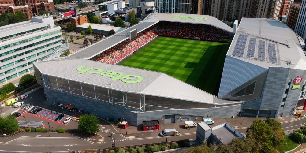 Ariel view of Gtech Community Stadium exterior in Brentford