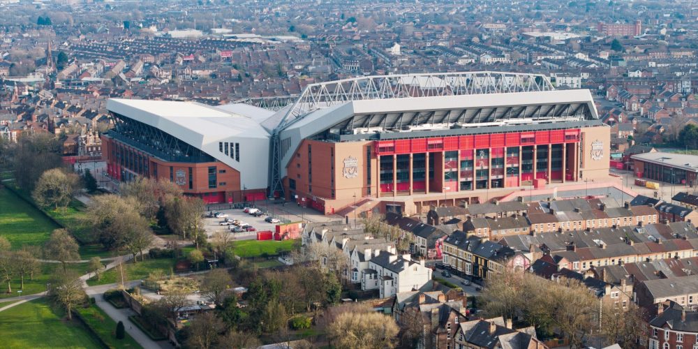 Aerial view of Anfield Stadium and surrounding Liverpool neighbourhood.