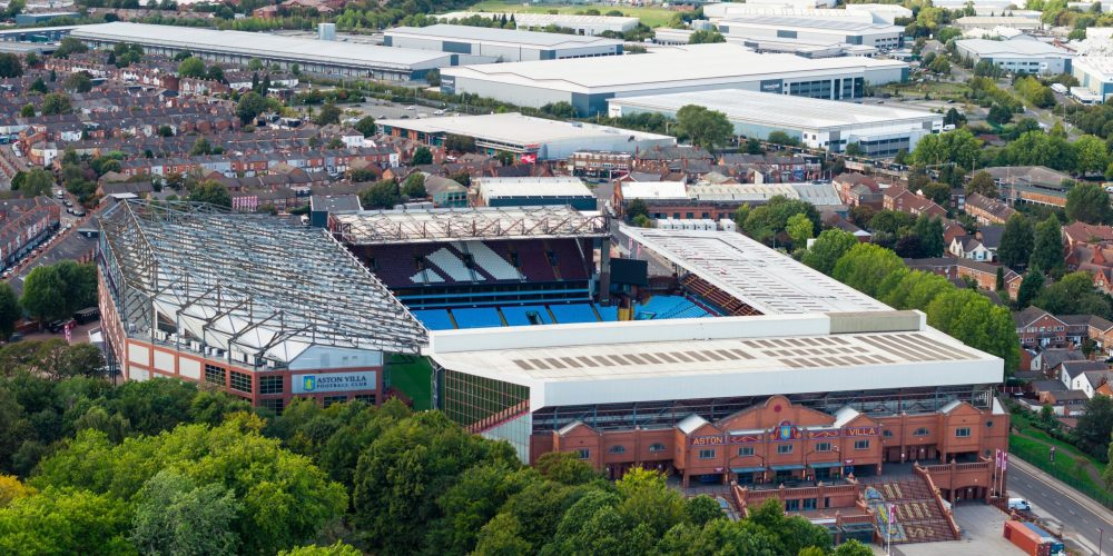 Aerial view of Villa Park showing all four stands and surrounding Birmingham streets.